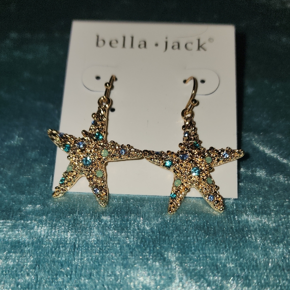 bella•jack Gold Starfish Drop Earrings with Blue-Green Crystals/ Nwt/ BEAUTIFUL